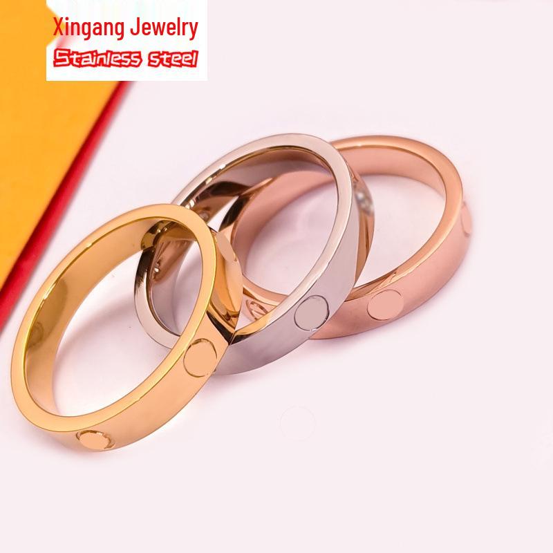 2024 Rhinestone Titanium Steel Couple Rings - Women's Non-Fading Plain Band, 18K Rose Gold