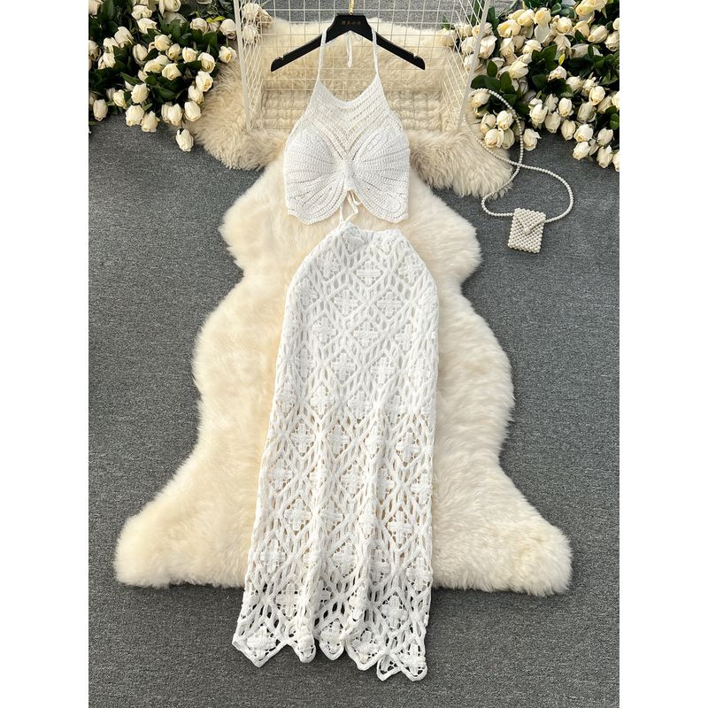 Bohemia Vacation Style Halter Spaghetti Straps Vest Sexy All-Matching Retro Crocheted Cut Out Skirt Two-piece Set Tide