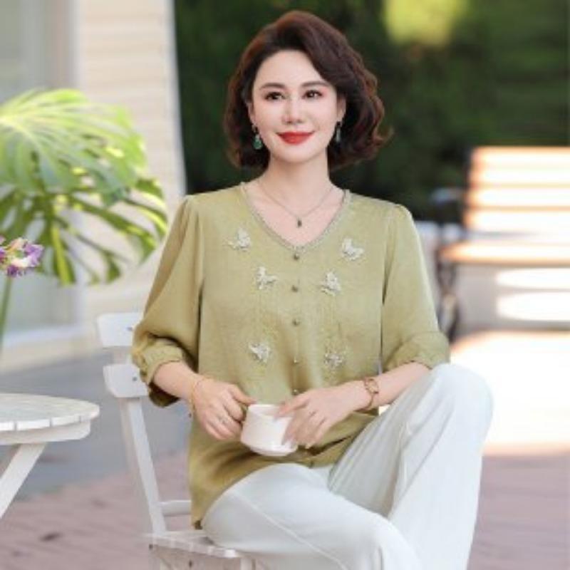 Women's Pink Embroidered Blouse V-Neck Half Sleeve Loose Fit Casual Top for Middle-Aged