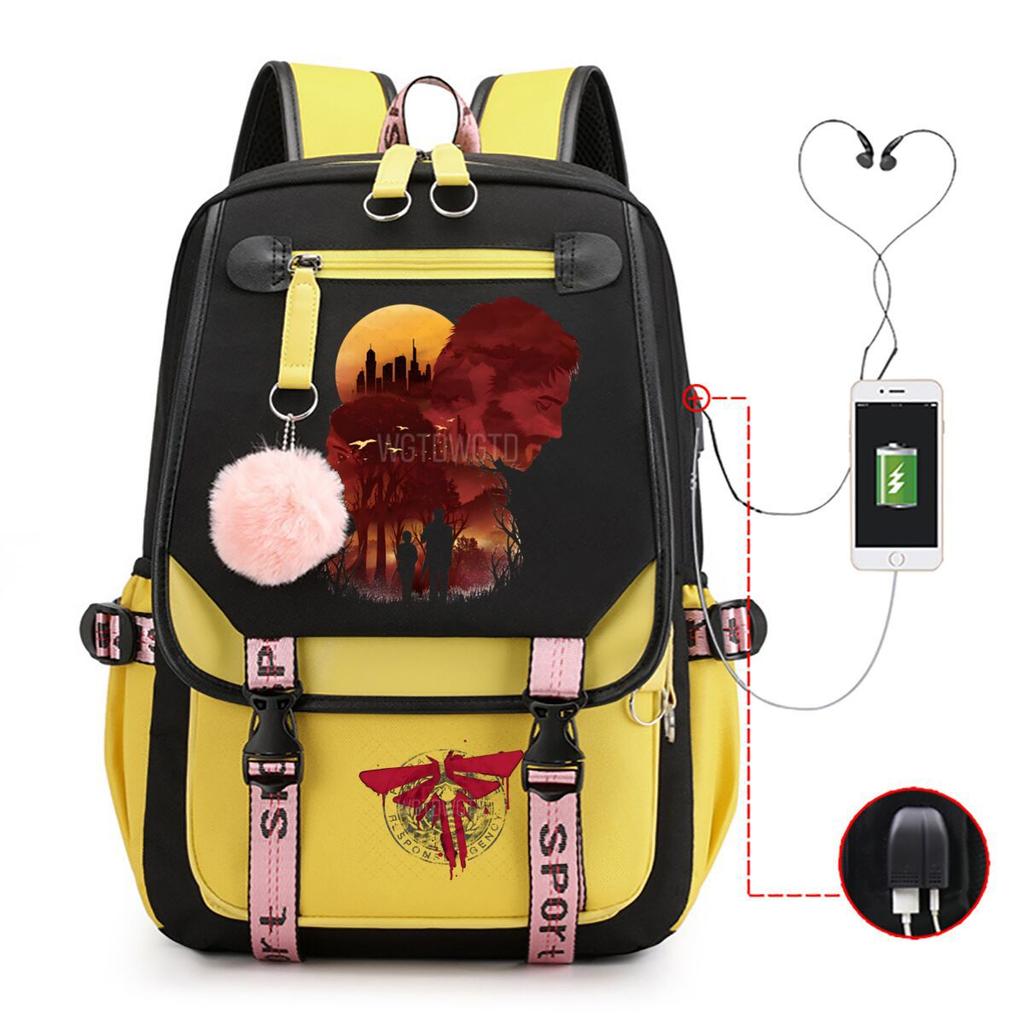 Trend Printing Student Casual Schoolbag Contrasting Color Neutral USB Backpack