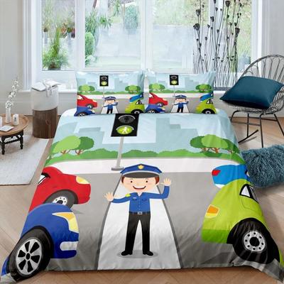 Police Car King Queen Duvet Cover Cartoon Car Bedding Set Kids Boys Blue Grey Emergency Responder Vehicles Polyester Quilt Cover