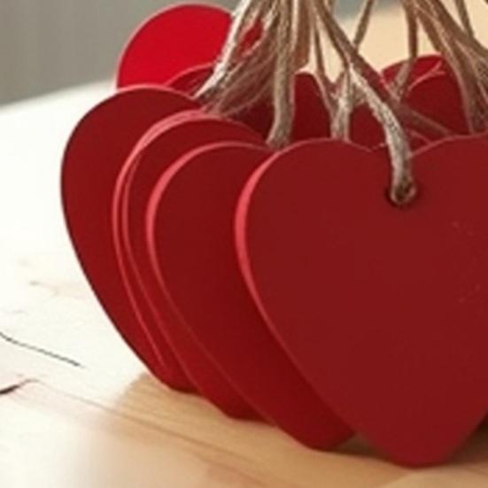 10 Pcs Wood Heart Block Sign Red Heart Shaped Hanging Ornaments with Hole Hemp Ropes