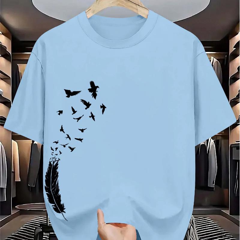 Men's Pure Cotton Summer Casual Loose Fashion Bird Creative Pattern Printed Round Neck T-shirt Versatile Top