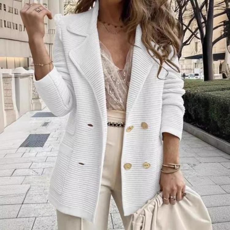 Women Fall Coat Long Sleeve Tweed Blazer Jacket Double Breasted Notched Lapel Ribbed Open Front with Pockets