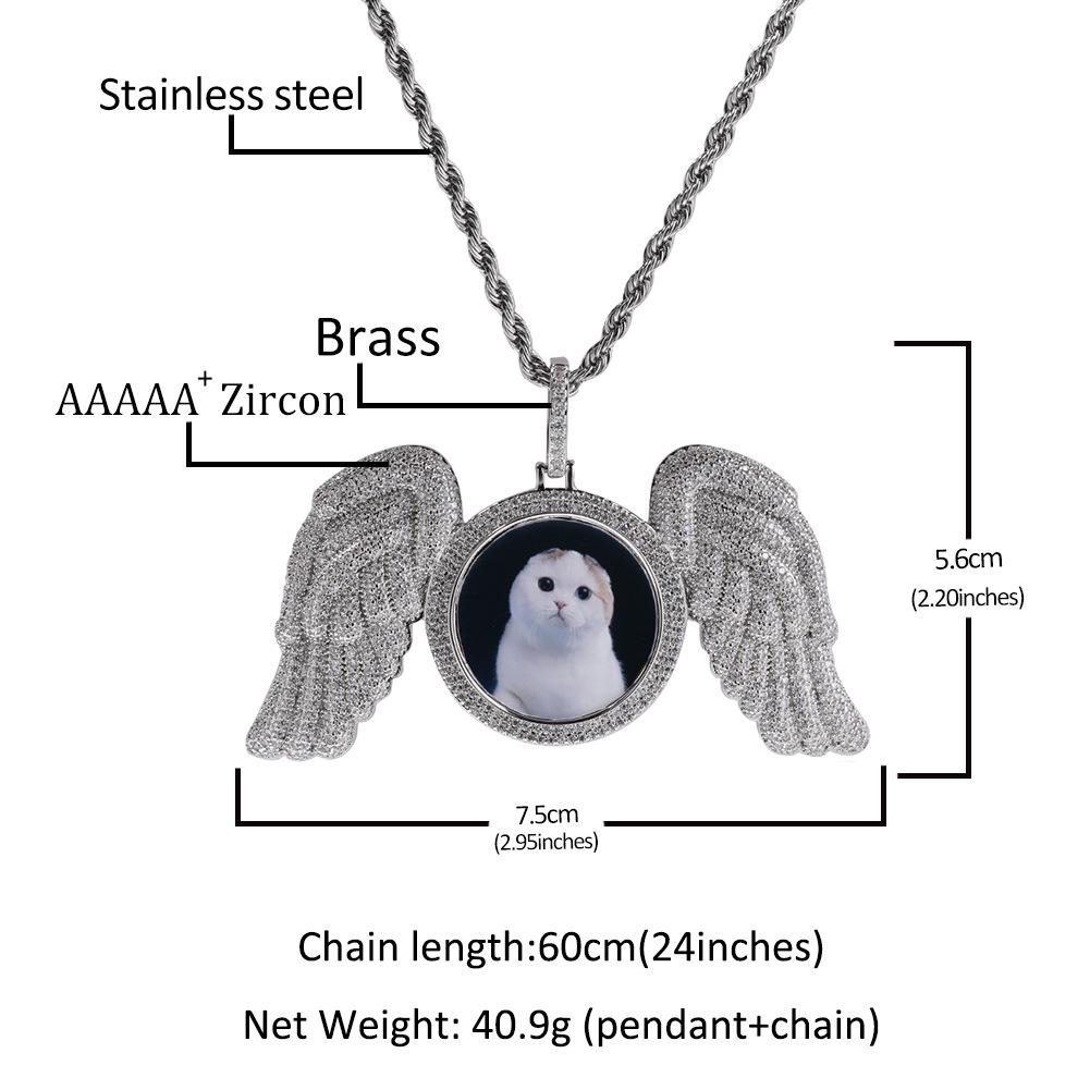 Cross-Style Rhinestone Wing Photo Frame Pendant Necklace - European American Hip Hop Fashion