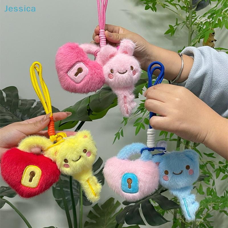 Cute Plush Key & Lock Keychain Soft Fuzzy Heart-Shaped Charm for Bags/Keys Adorable Cartoon Couple Key Ring Accessories