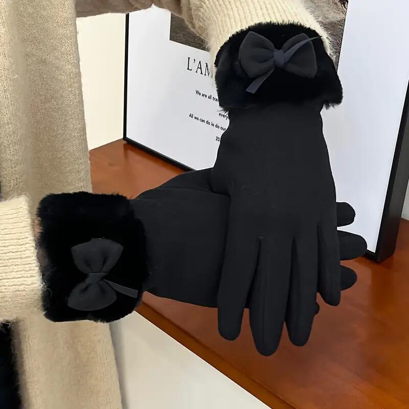 Women's Velvet Outdoor Cycling Bow Warm Gloves Windproof and Cold-proof Touch Screen Gloves
