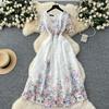 French high-end women's dress summer waist and thin temperament fashion printing hollow crochet lace dress