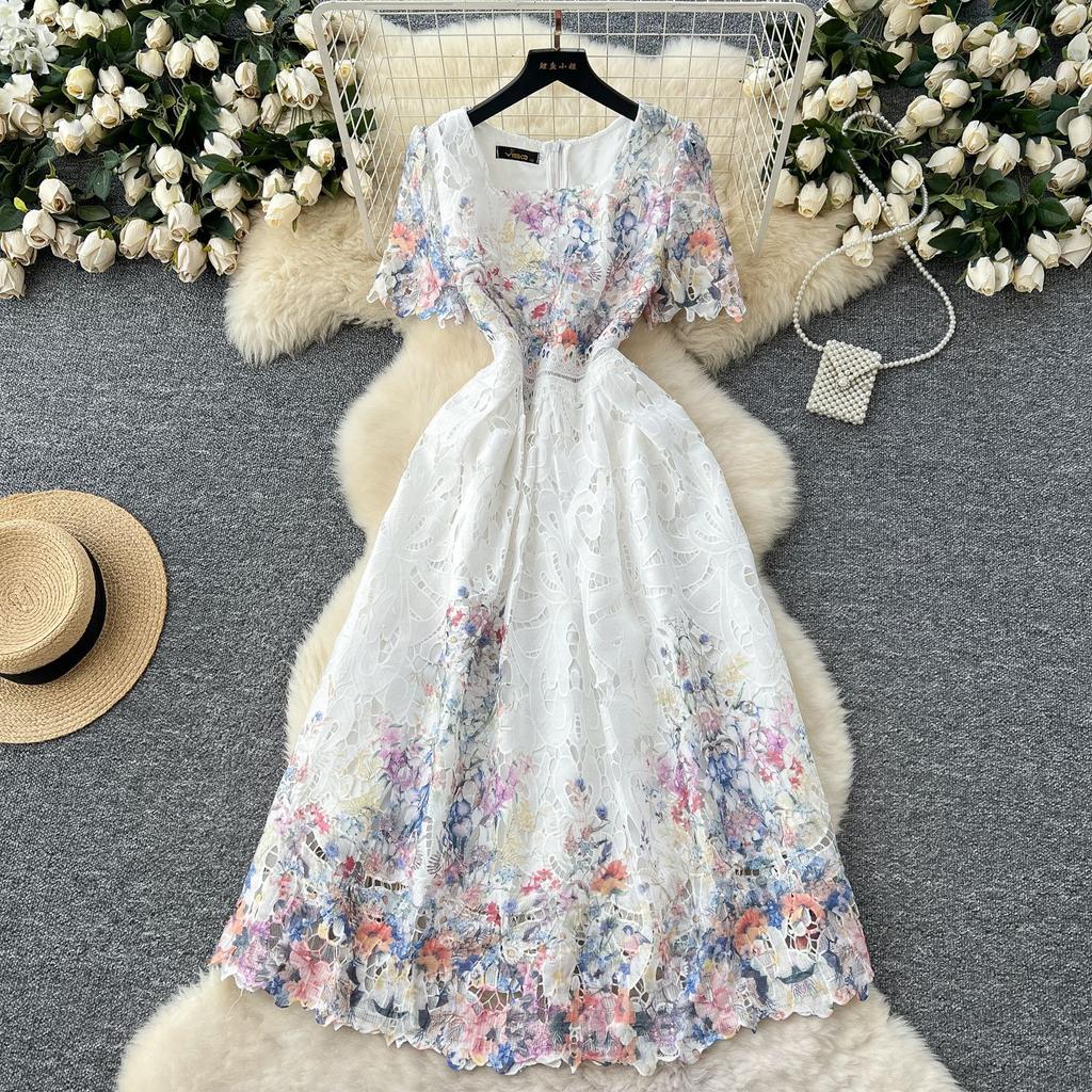 French high-end women's dress summer waist and thin temperament fashion printing hollow crochet lace dress