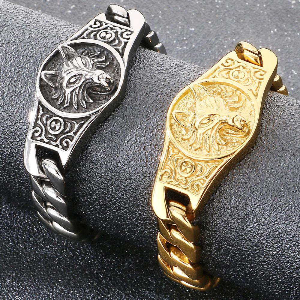 Cool Biker Mens Stainless Steel Wolf Head Curb Cuban Link Chain Bracelet for Men Man Punk Rock Style Jewelry Accessories 19-23CM