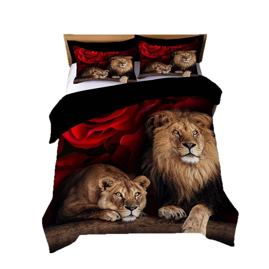 Thickened Polished Skin-Friendly Lion Digital Printing 3D Three-Piece Quilt Cover