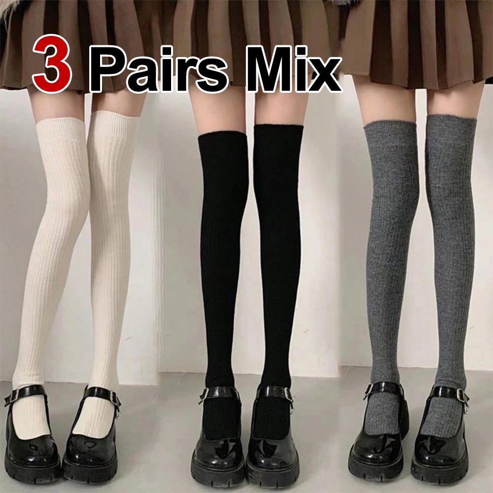 3 Pairs Women Autumn Winter Striped Knee Length Stockings Warmth Comfort Fashion Simplicity Solid Color JK Casual Socks