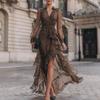Rochie Maxi cu Guler de Cămașă cu Mânecă Lungă și Imprimeu Leopard, Croială Slim Fit, Talie Înaltă, Elegantă pentru Petrecere de Seară