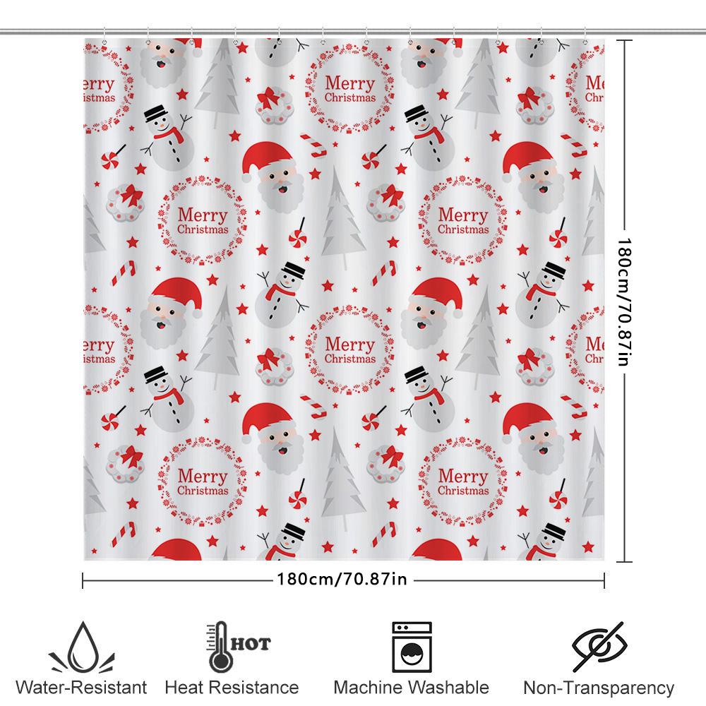Snowman Santa Claus Shower Curtain Christmas Decorations For Bathroom Red White Print Pattern Size: 180X245Cm (71 X 96 Inch)