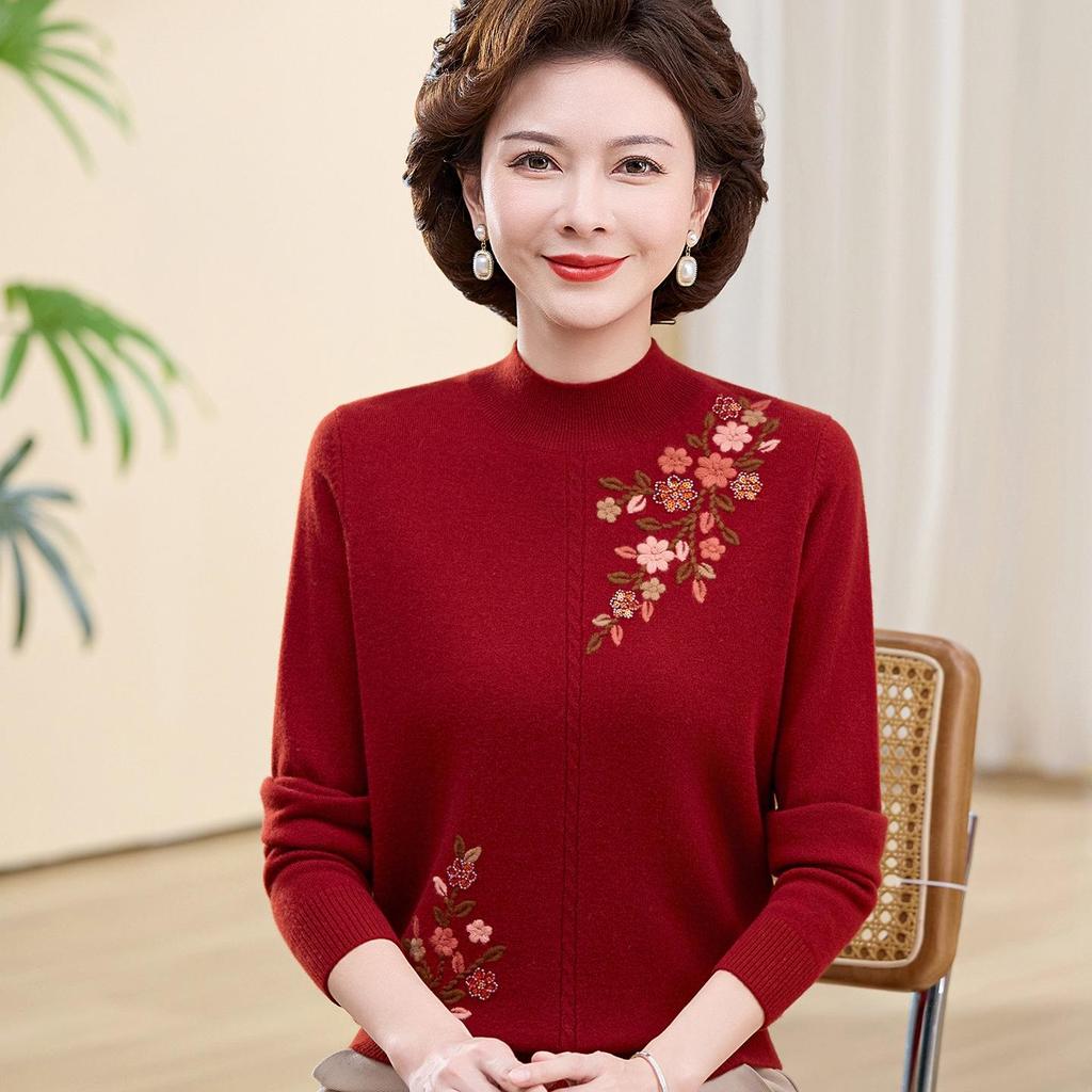 Women's 100% Pure Wool Embroidered Sweater - New 2025 Autumn/Winter Collection for Middle-Aged and Elderly