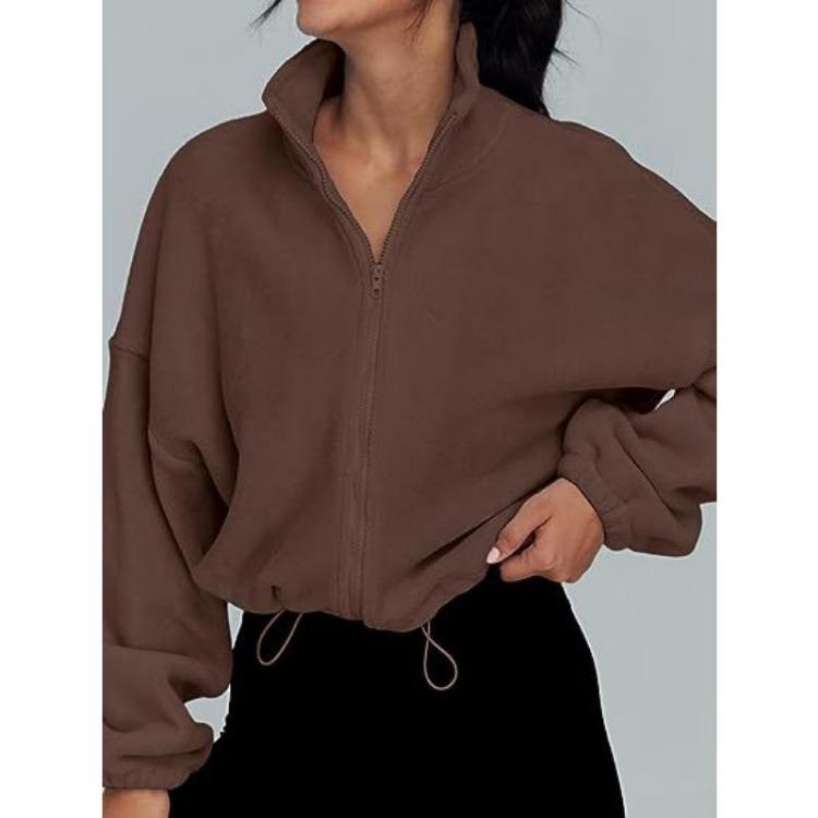 Fleece Lined Zipper Jacket Vertical Collar Fleece Sport Jacket European American Women
