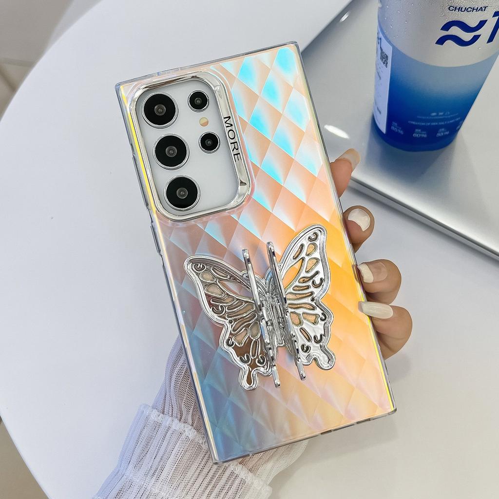 Samsung S25ultra Mobile Phone Case Electroplated Laser S24 All Inclusive Butterfly Stand A56 Protective Case for Women