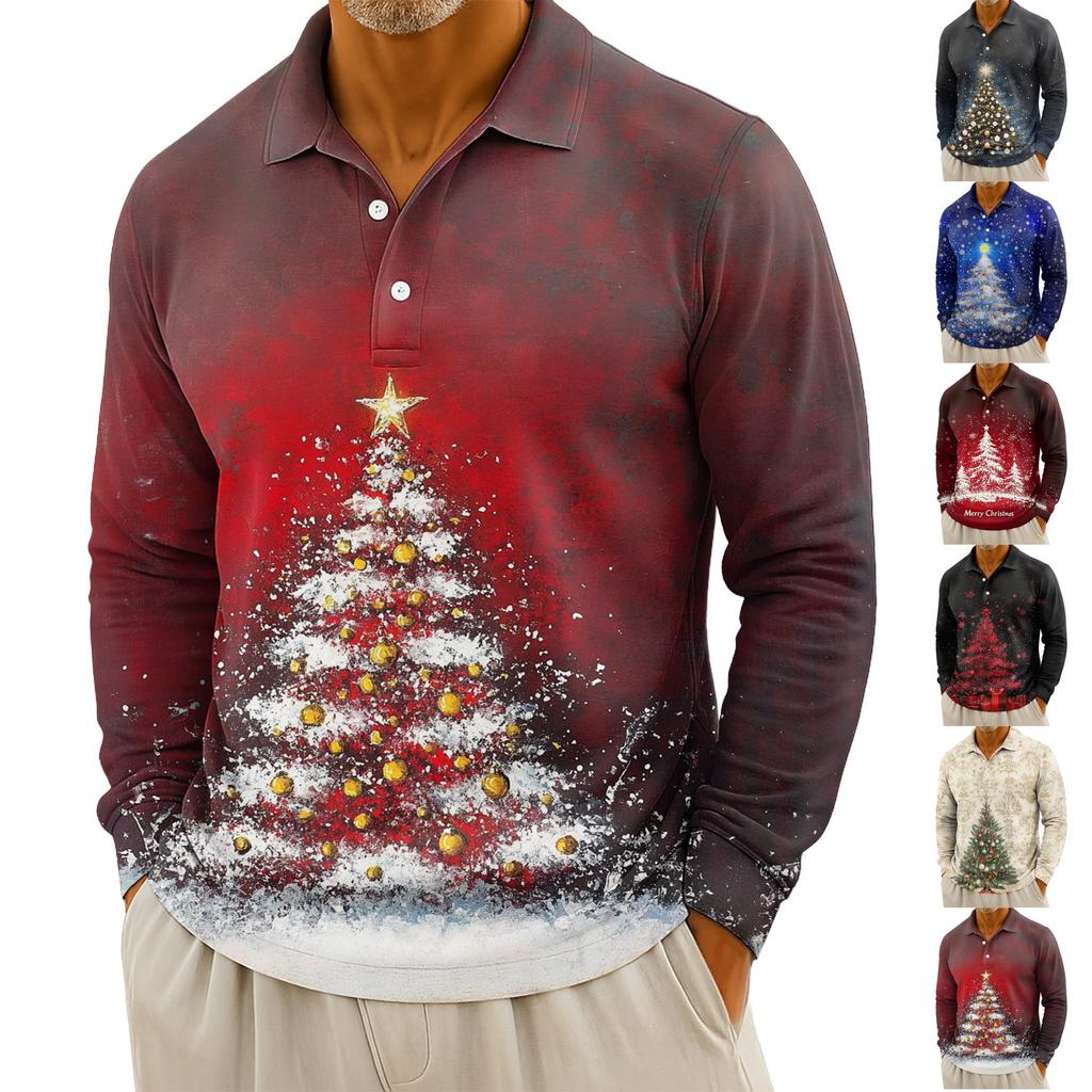 Men's Casual Christmas Print Button Long Sleeve Shirt