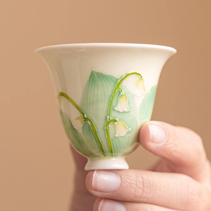Hand Painted Lily of the Valley Ceramic Tea Cup Personal Master Cup Gongfu Tea Set for Tea Ceremony Home Use Aesthetic Gift