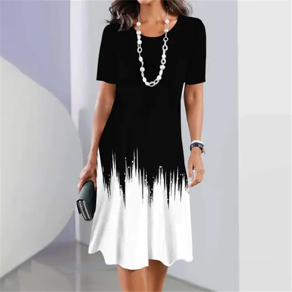 Plus Size Women Dress Summer 3D Patchwork Print Short Sleeve Dress Elegant Loose Casual A-Line Dress Ladies Large Size Sundress