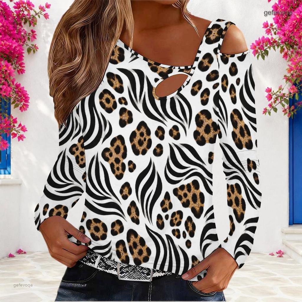 Women Plus Size Leopard Printed Asymmetric Cutout Neck Cold Shoulder Long Sleeve Fitted Top