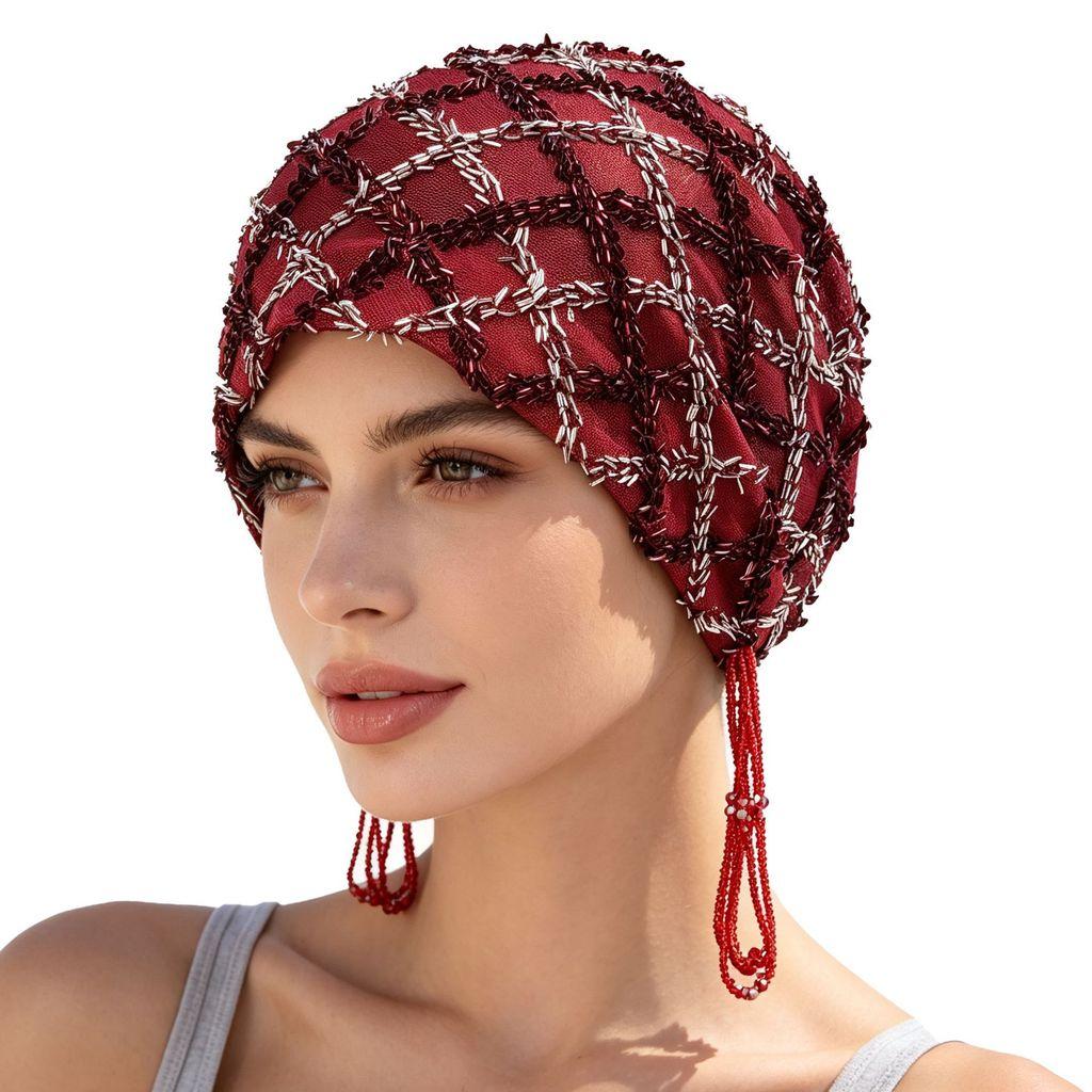 Satin Polyester Fringe Headscarf With Beaded Tassels For Fashionable Women