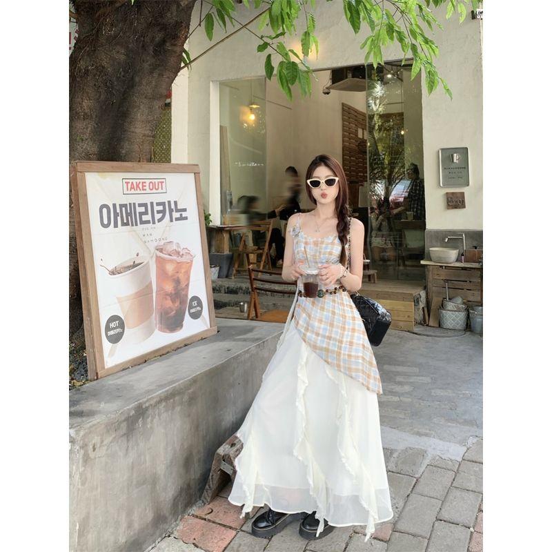 Kumikumi Retro Lazy Suit Plaid Irregular Spaghetti-Strap Vest Women's Autumn High Waist Skirt Two-piece Set