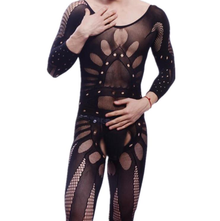 Gentleman Underwear Novelty Male Bodysuit One-Piece Fishnet Clothing Funny Men Jumpsuit Sexy Lingerie Man Sissy Sleepwear Black