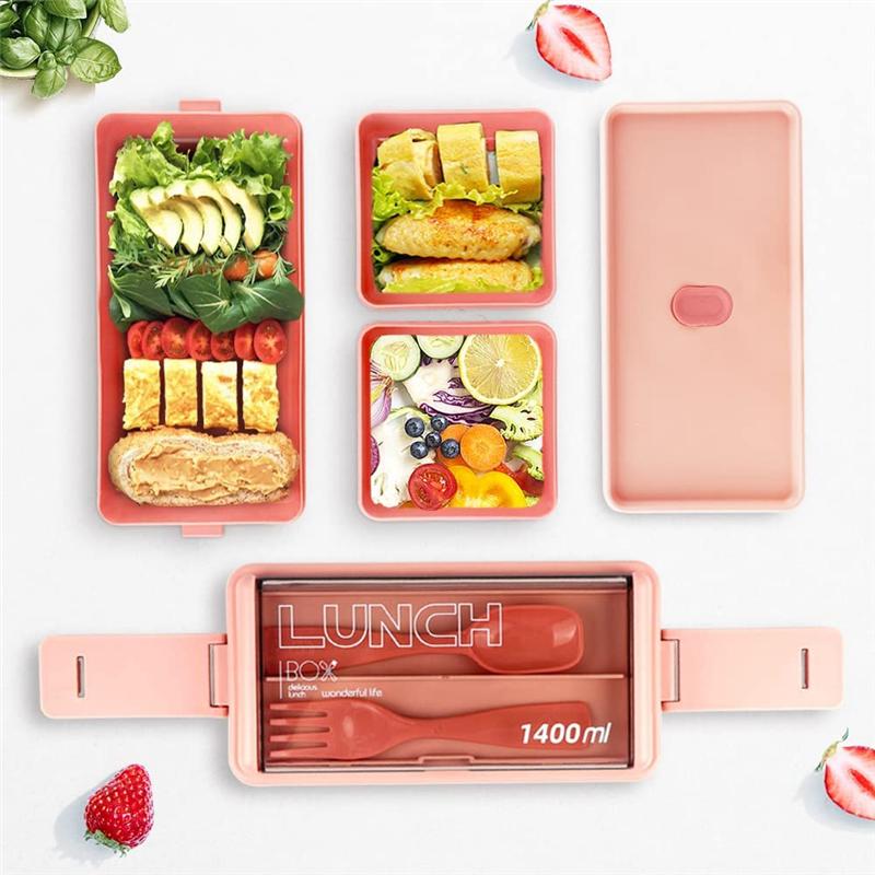 Bento Box Kit, 47.35OZ Bento Box Adult Lunch Box, 3 Compartments Bento Lunch Box , Meal Prep Containers for Adults Pink