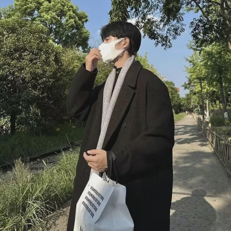 Men's Mid-Length Black Woolen Over-Knee Coat - Trendy Korean Style Windbreaker for Autumn and Winter