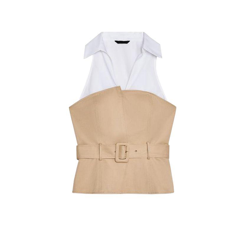 Spring and Summer New Women's Clothing with Belt Hanging Collar Patchwork Fashion Sleeveless Polo Collar Top 2609615