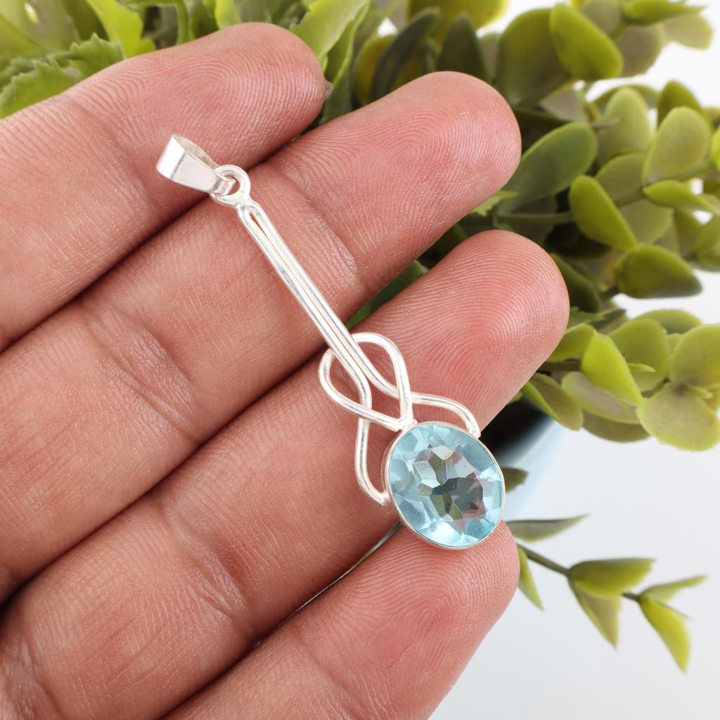 Himmelblauer Topas Edelsteinanhänger, Handgefertigter Wunderschöner Schmuck, 925 Massiv Sterling Silber Kunsthandwerksschmuck, Anhänger für Hochzeitsgeschenk