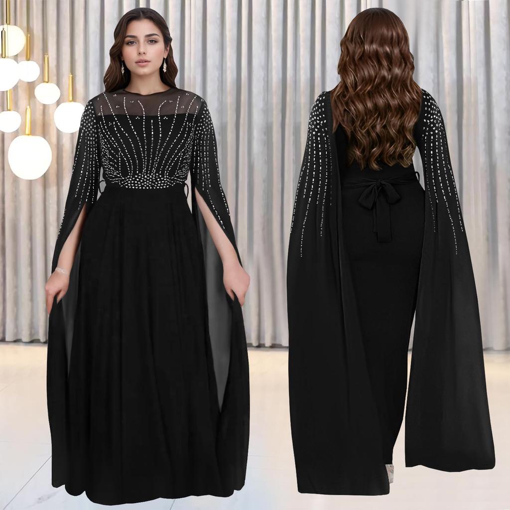 Elegant European & American Fashion Women's See-through Dress with Hot Drilling Details.