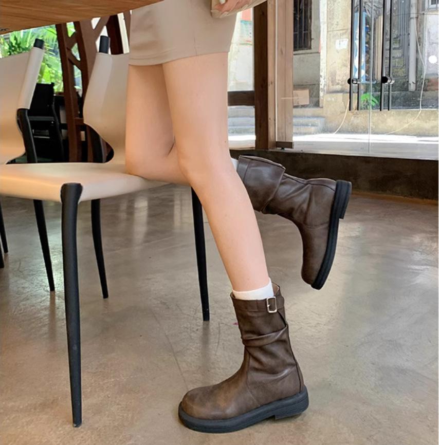 Cowhide~ Grape Mom Korean Pleated Buckle Belt Thick Heel Stack Knight Boots Medium Tube Thin Long Boots Genuine Leather Women's Short Boots