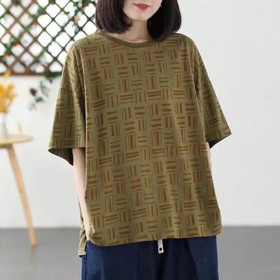 Large Size Women's Cotton Short-sleeved T-shirt Women's Summer Loose Cover Belly Was Thin Printed Split T-shirt
