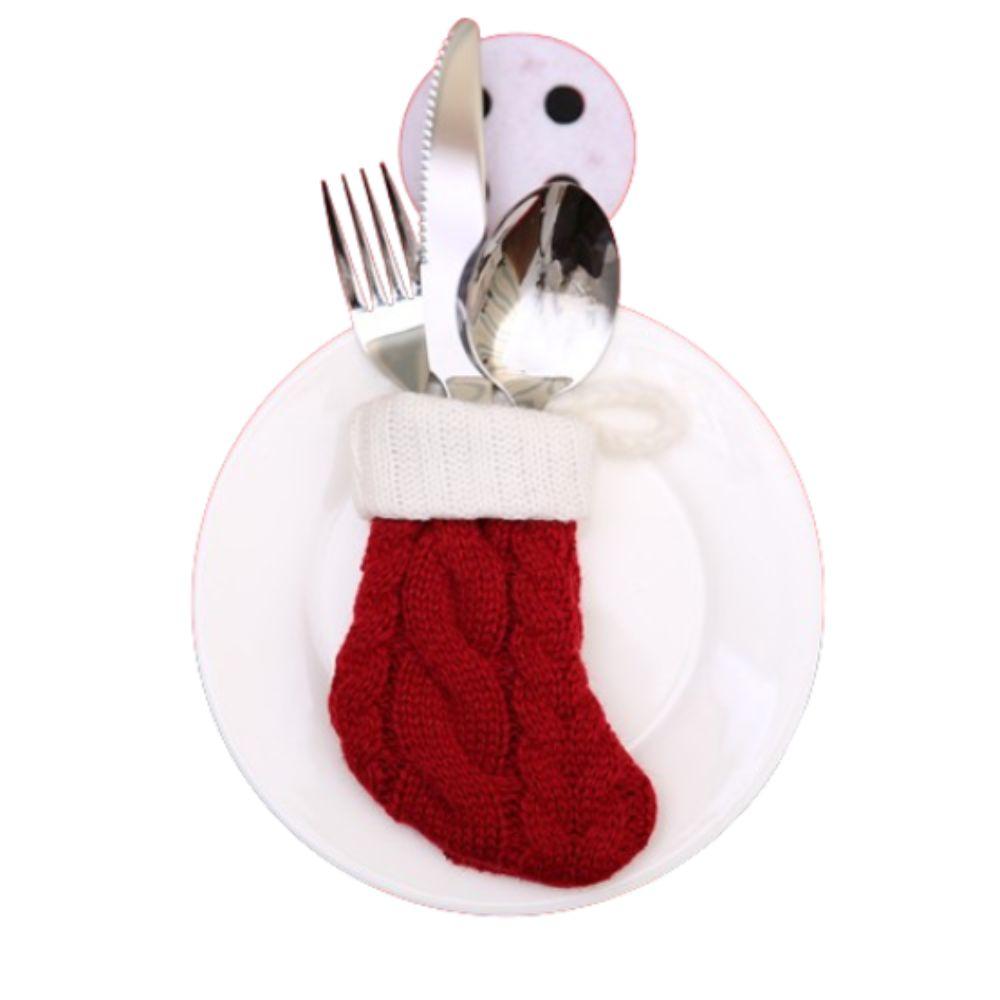 3pcs Cartoon Knitted Christmas Stockings Reusable Red Candy Gift Bags Cute Exquisite Christmas Tableware Holder Bag