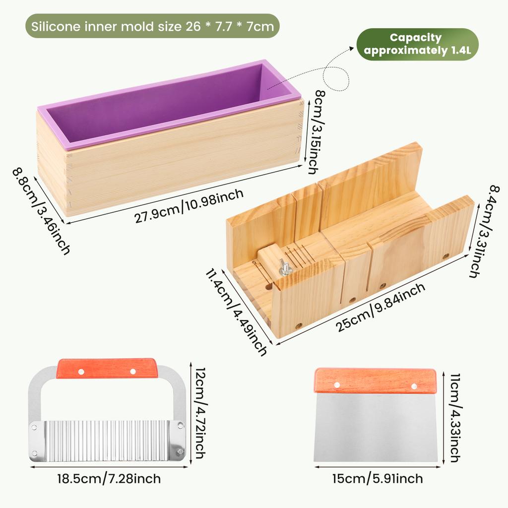 1.4L Soap Making Kit Soap Molds Wooden Silicone Soap Rectangular Mold with Stainless Steel Wavy and Straight Cutter Multipurpose