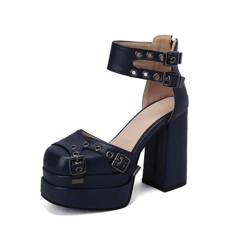 Übergröße Vier-Reihen-Schnalle Dekorative Aussparung Ultrahohe Dicke Absatz Sandalen Doppellagige Plateausohle Reißverschluss Show Damen Sandalen