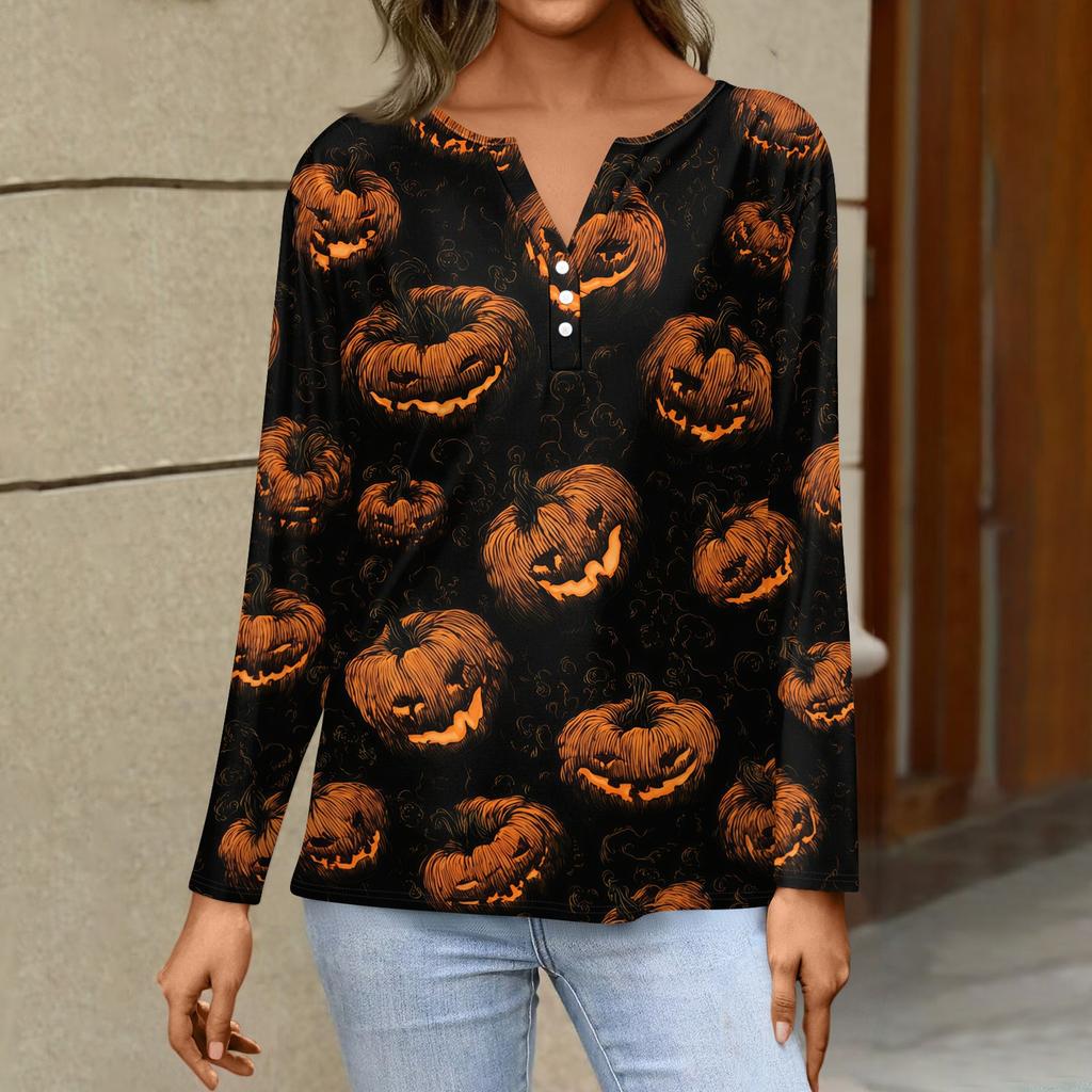 Women's Casual Long Sleeve T-Shirt with Halloween Print V-Neck Button for Parties