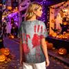 Women's Halloween Print Button Down Short Sleeve Cotton Linen Shirt with Chest Pocket