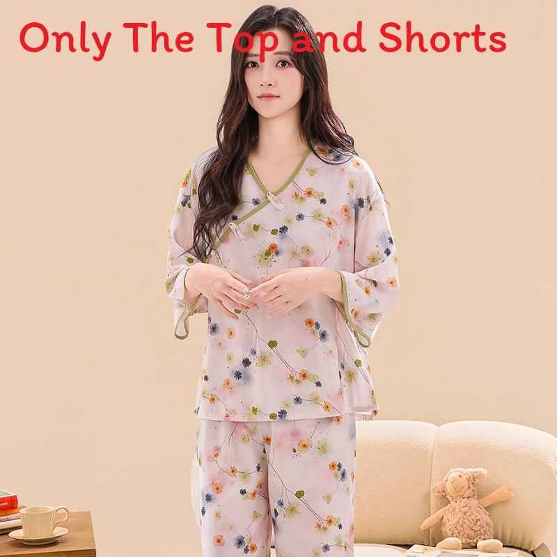 New Oriental Style Womens Pajama Twopiece With Breathable Cotton Satin For Home Use