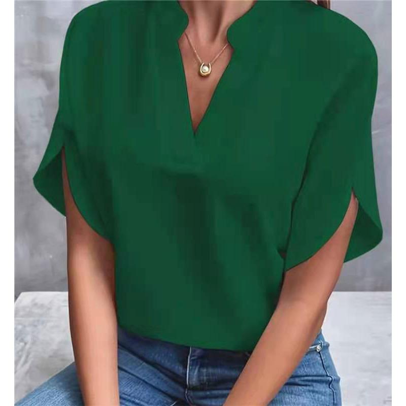 BITCED Women's Fashion Casual Solid Color Print Short Sleeve V Neck Blouses & Shirts International Design