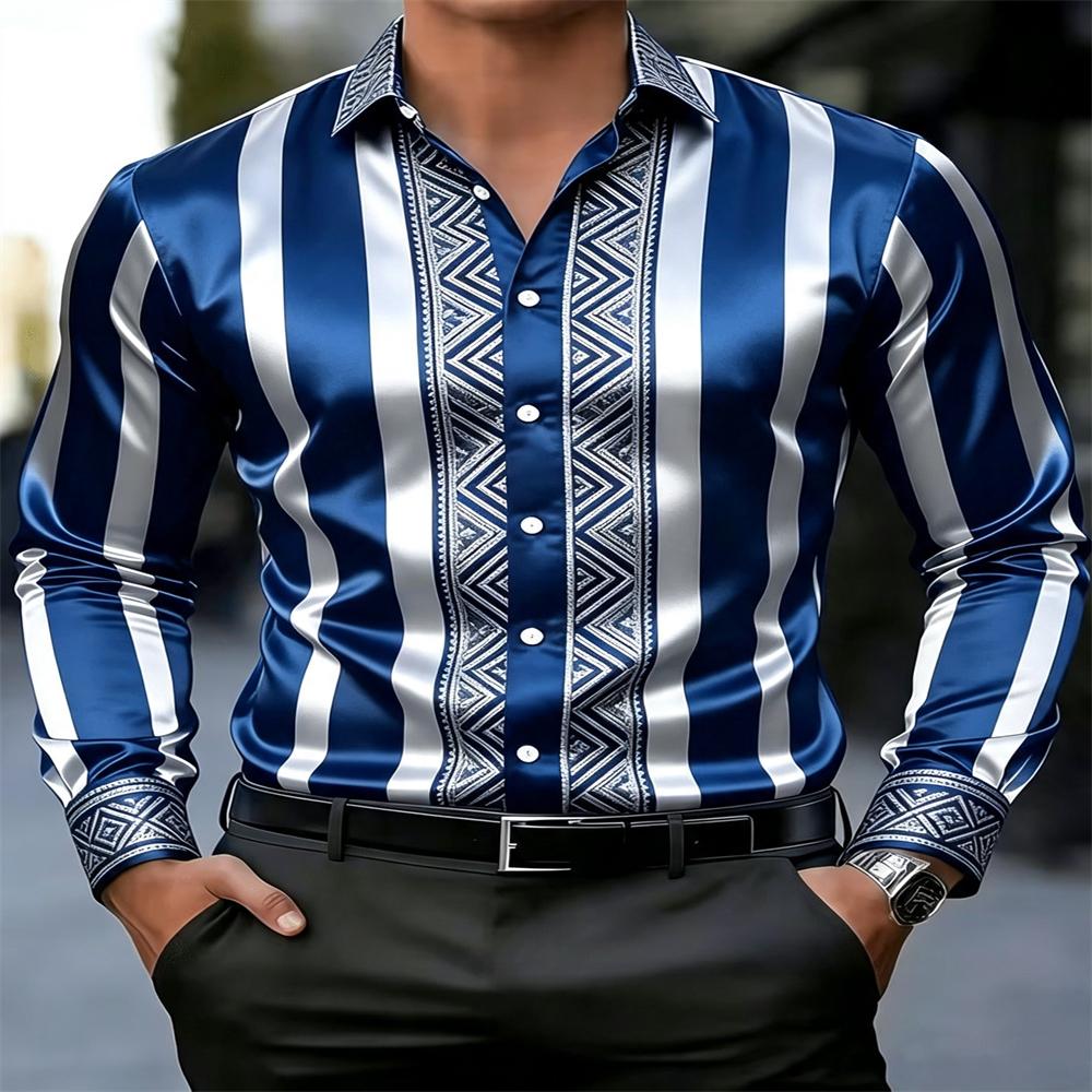 Stripe Satin Men Shirt Geometric Jacquard Slim Long Sleeve Formal Business Dress Top