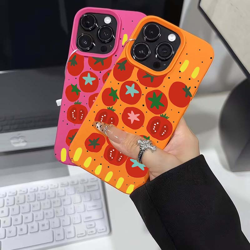 Case For iPhone 11 12 13 14 15 16 Pro Max New Ins Creative Tomato Print Lichee Pattern Cover For iPhone XS Max X XR 16 Plus 16e