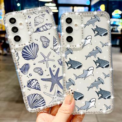 Shark Conch Print Shockproof Phone Case For Samsung S25 Edge S24 FE S23 Ultra S22 A16 A56 A36 A15 A55 A35 Diamond Frame Clear Soft Silicone Cover