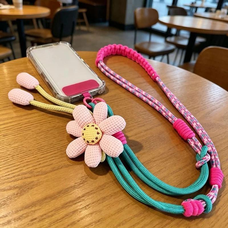 1Pcs Cute Flower Decor Adjustable Phone Lanyard Durable Braided Strap For Daily Outing Shopping Travel Anti Lost Accessory