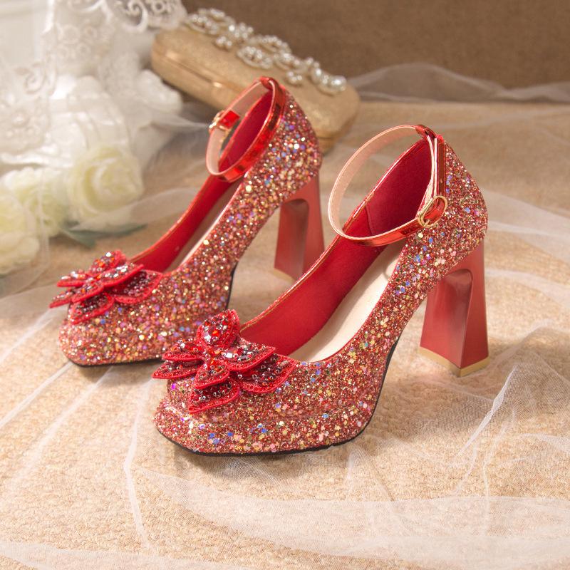 Fashion Comemore Women Pumps Rhinestone Mary Jane Women's Shoes Thick Bottom Ankle Buckle Wedding Bridal Chunky High Heels Single Shoes