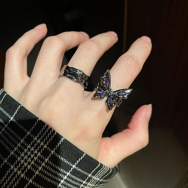 Niche Design Sense Dark Wind Butterfly Diamond Zircon High Sense Punk Retro Personality Trendy Cool Female Index Finger Ring