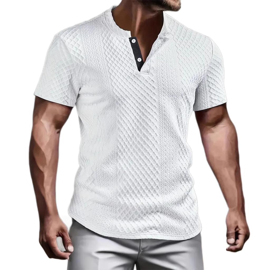 Herren Sommer Freizeit Einfarbig Stoff Rundhals Offener Schlauch Knopf Kurzarm T-Shirt Tops