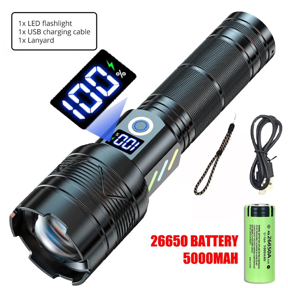 10000LM Super Bright LED Flashlight USB Charging 26650 Lithium Battery Outdoor Telescopic Zoom Torch Lantern With Power Display